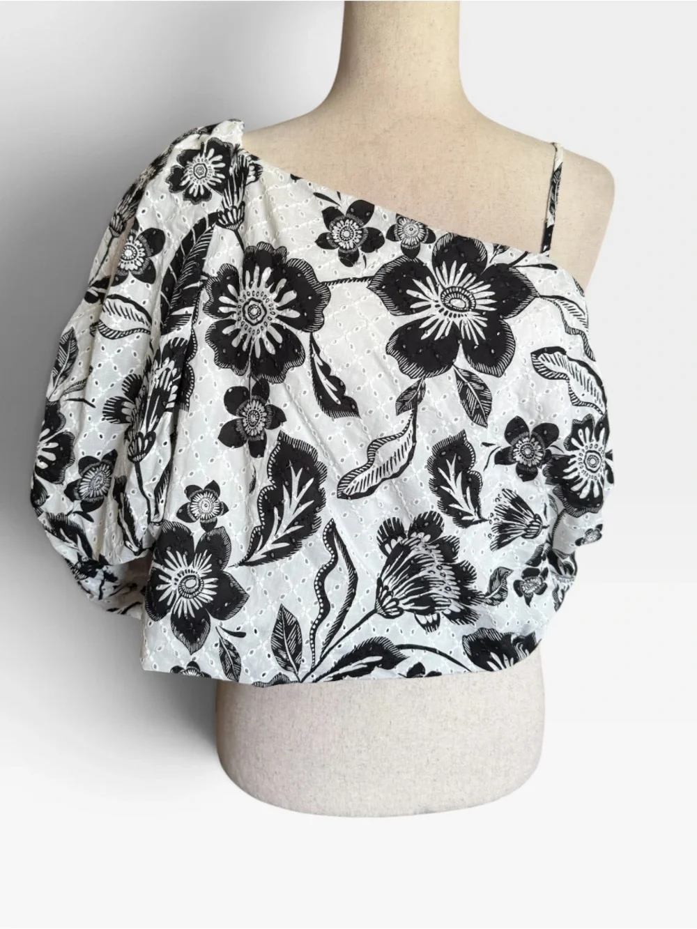 Anthropologie Black and White One-Shoulder Floral Bow Back Top